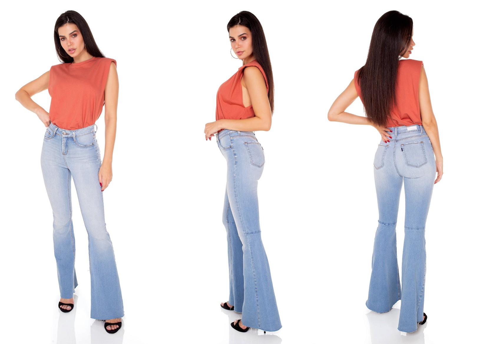 dz3480 calca jeans feminina super flare barra corte a fio denim zero tripla