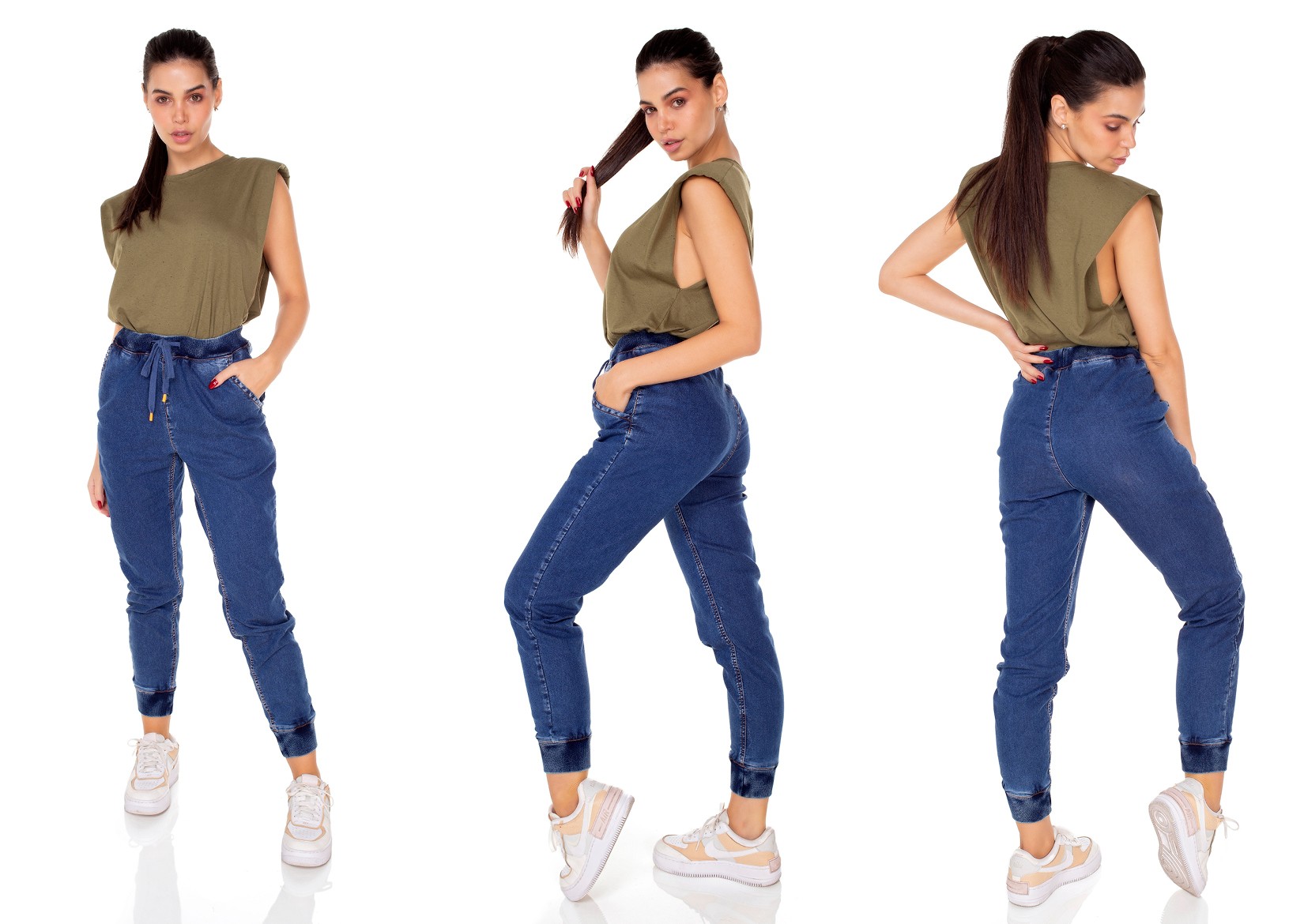 dz3448 calca jeans feminina jogger com cordao decorativo denim zero tripla