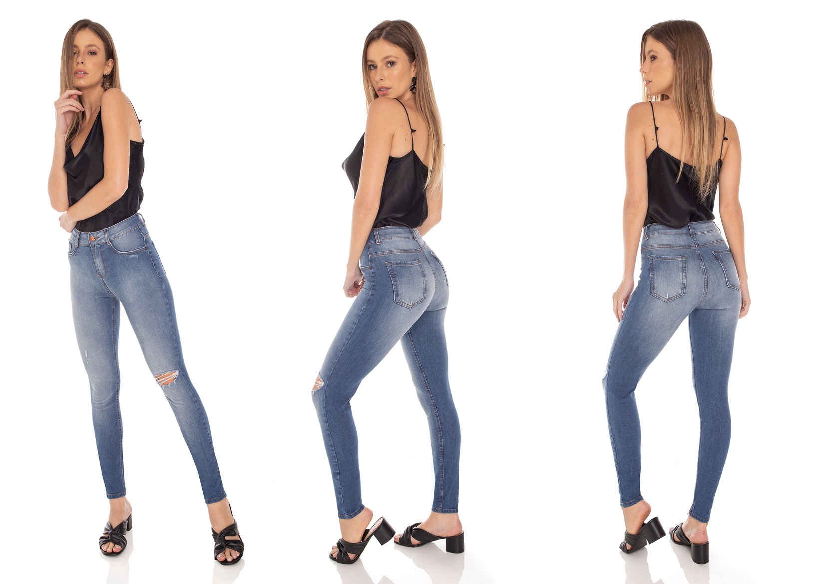 dz3142 calca jeans feminina skinny media cigarrete rasgo no joelho denim zero tripla