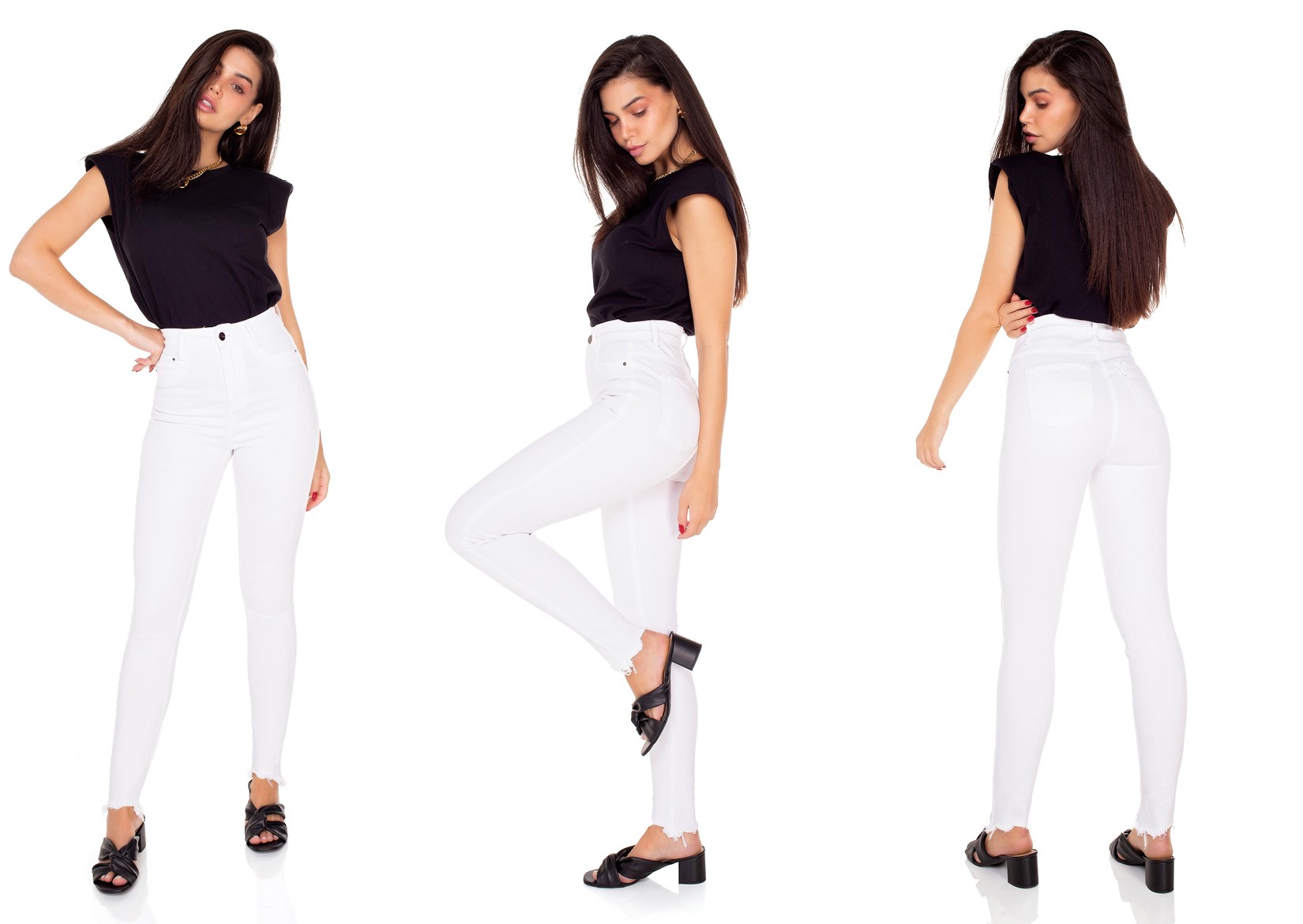 dz3553 calca jeans feminina skinny hot pants barra irregular black and white branca denim zero tripla