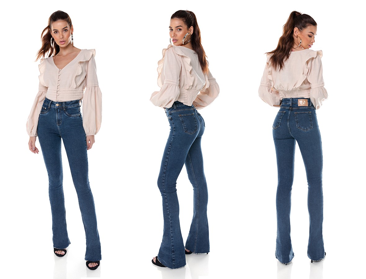 dz3657 re calca jeans feminina boot cut media com barra corte a fio denim zero tripla