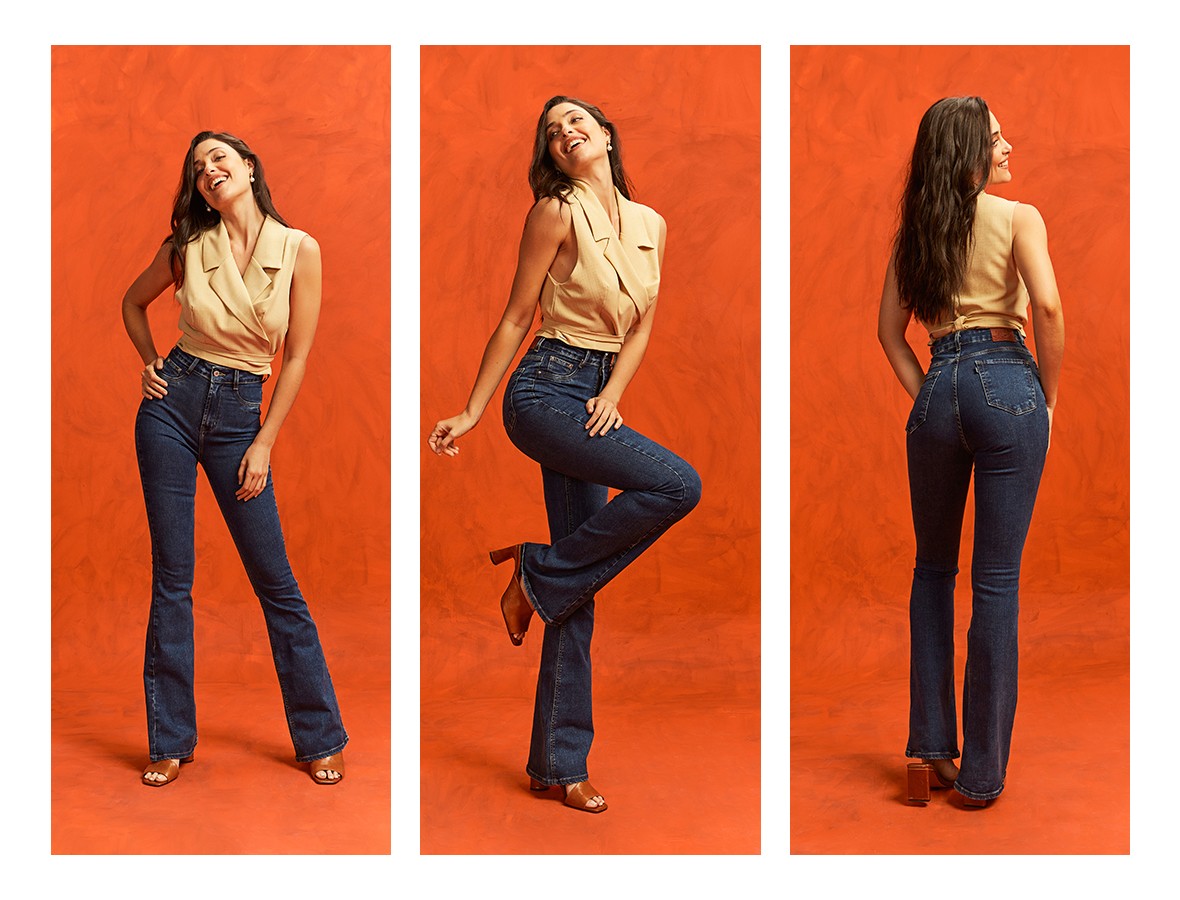 dz20279 com calca jeans feminina flare hot pants alongada denim zero trio