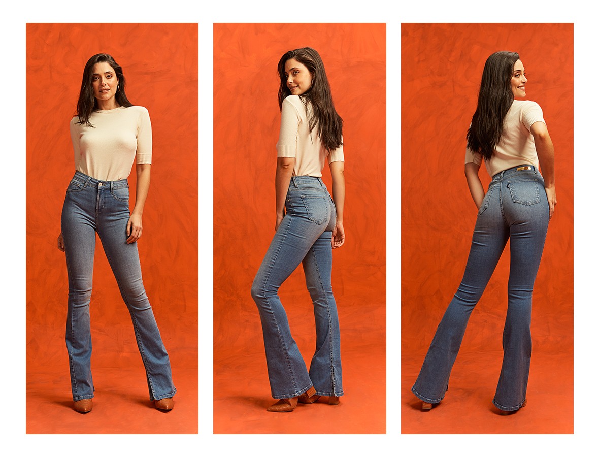 dz20280 com calca jeans feminina flare media alongada com abertura no entrepernas denim zero trio