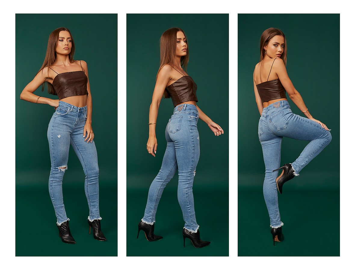 dz20334 com calca jeans feminina skinny media rasgo no joelho denim zero trio