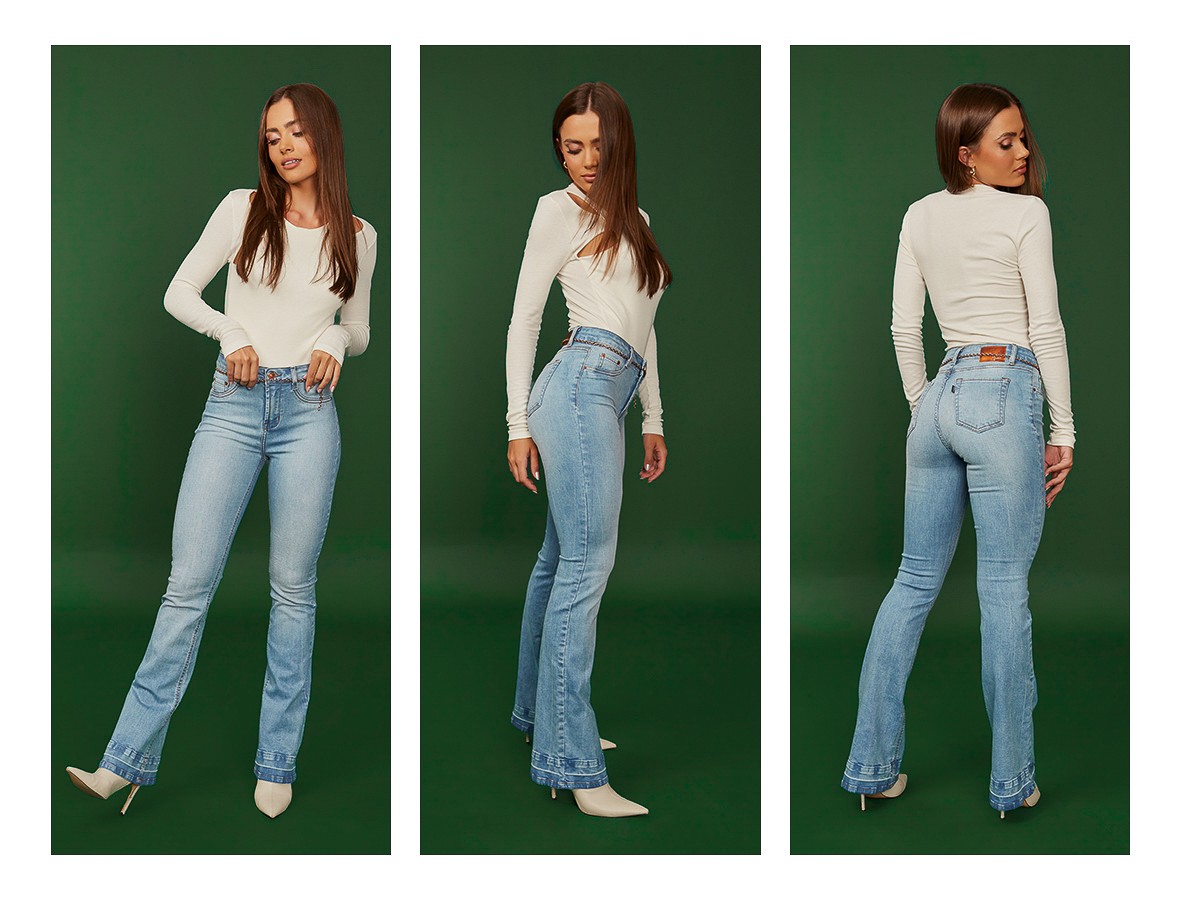 dz20351 com calca jeans feminina flare media com corrente denim zero 1 trio