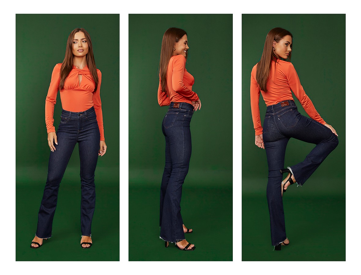 dz20352 re calca jeans feminina flare media barra desfiada denim zero trio