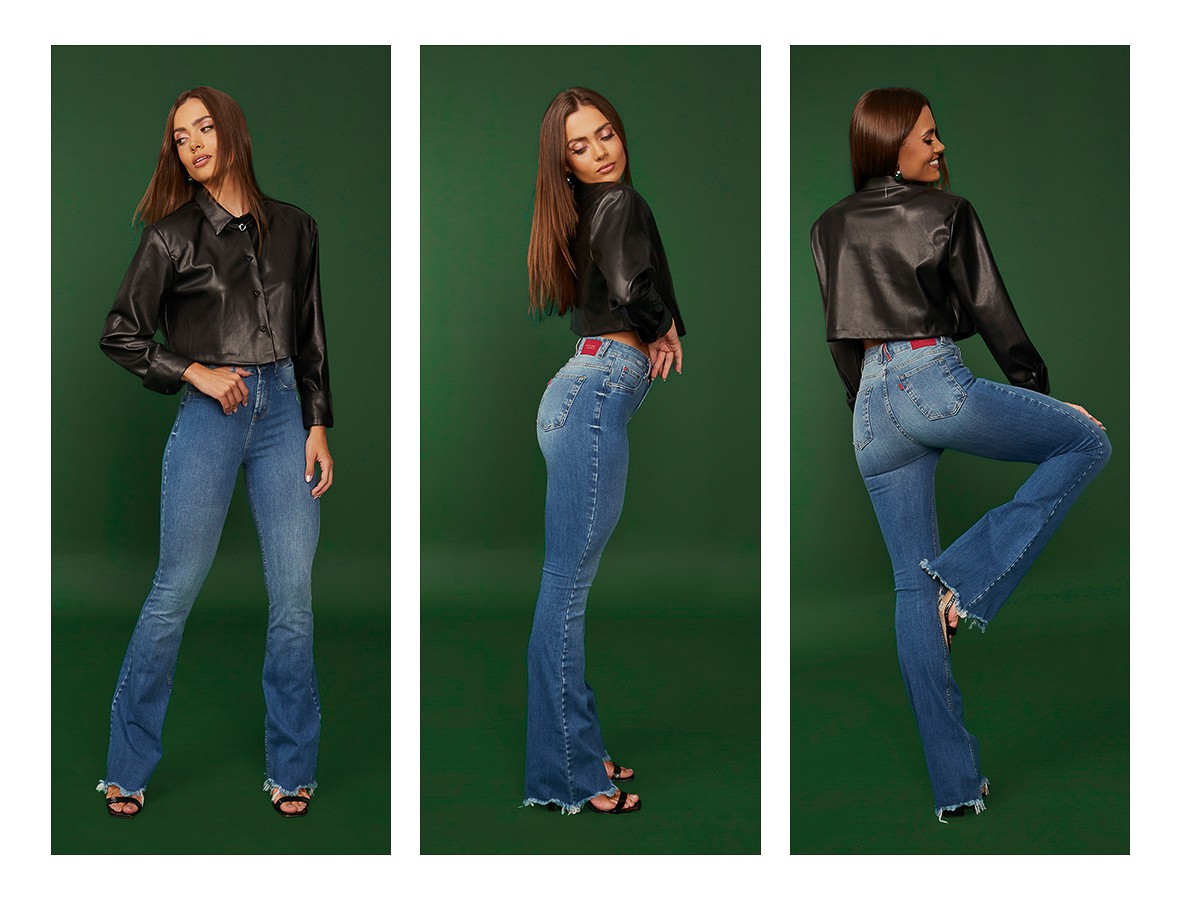 dz20353 ts calca jeans feminina flare media barra desfiada denim zero trio