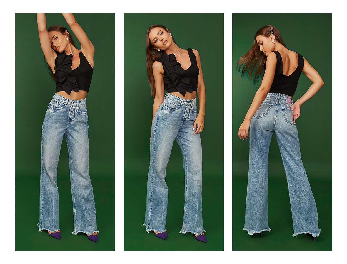 dz20363 alg calca jeans feminina wide leg com barra desfiada denim zero 1 trio