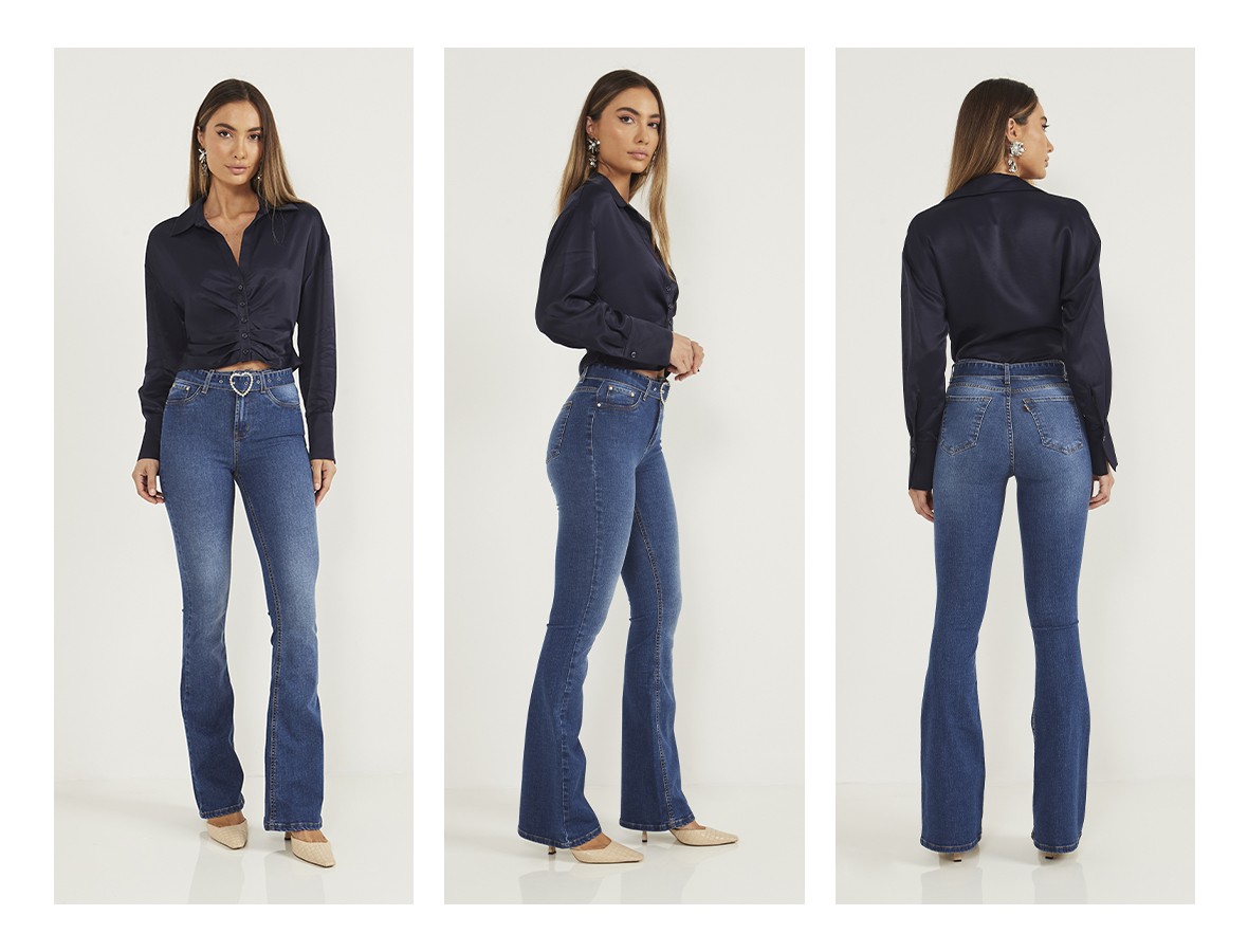dz20602 com calca jeans feminina flare cintura media com cinto de coracao trio
