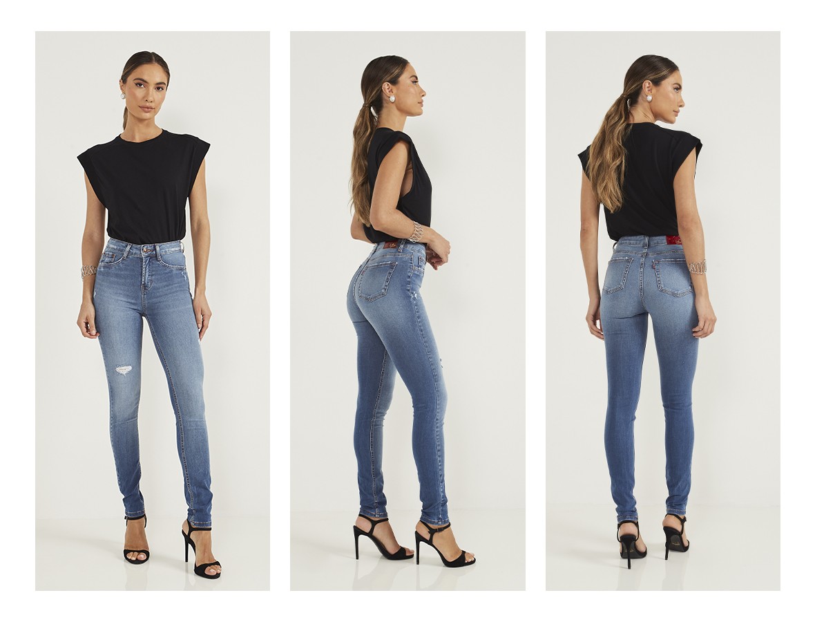 dz20385 re calca jeans feminina skinny tradicional com leves puidos trio