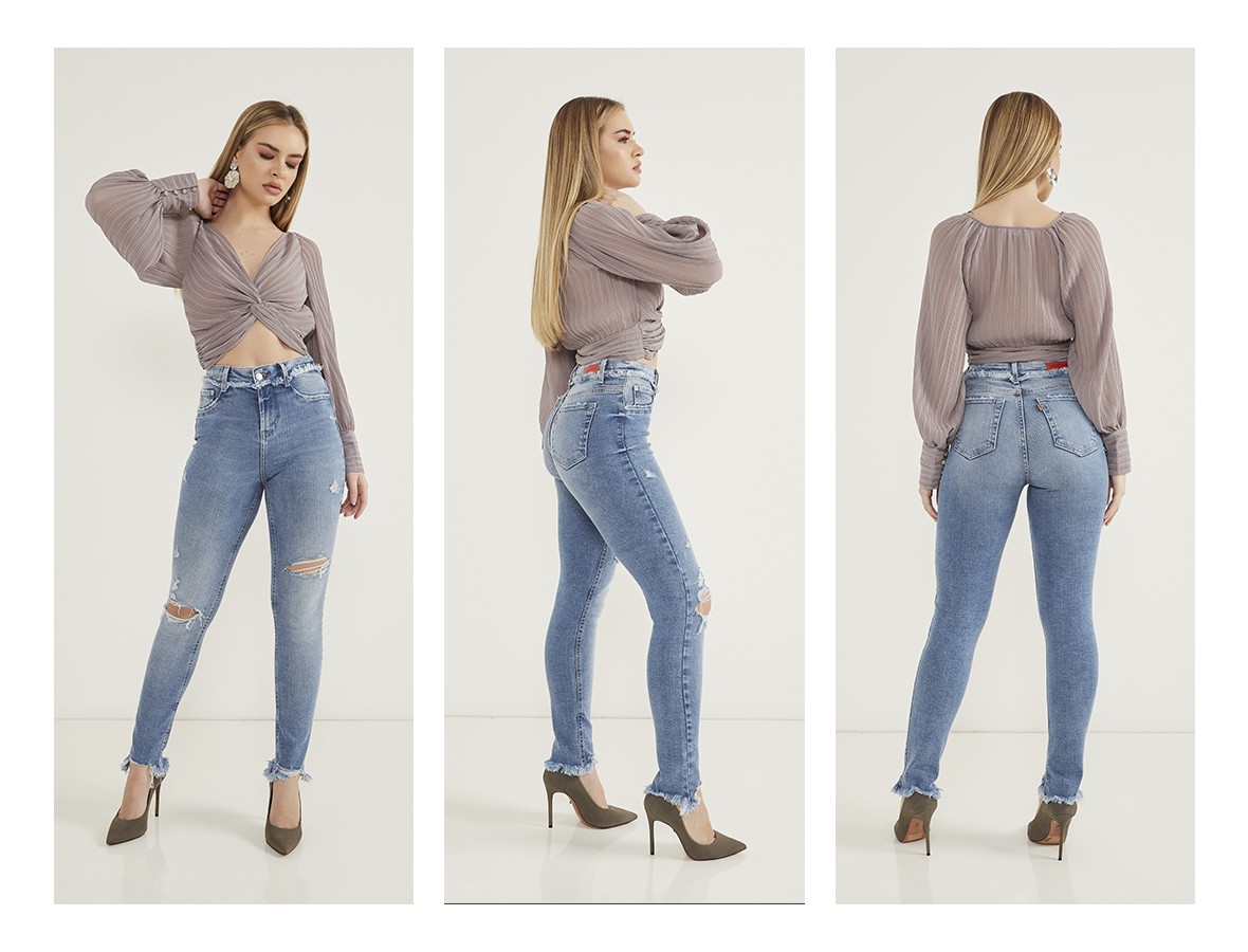 dz20527 re calca jeans feminina skinny cigarrete com barra desfiada e puidos medio trio