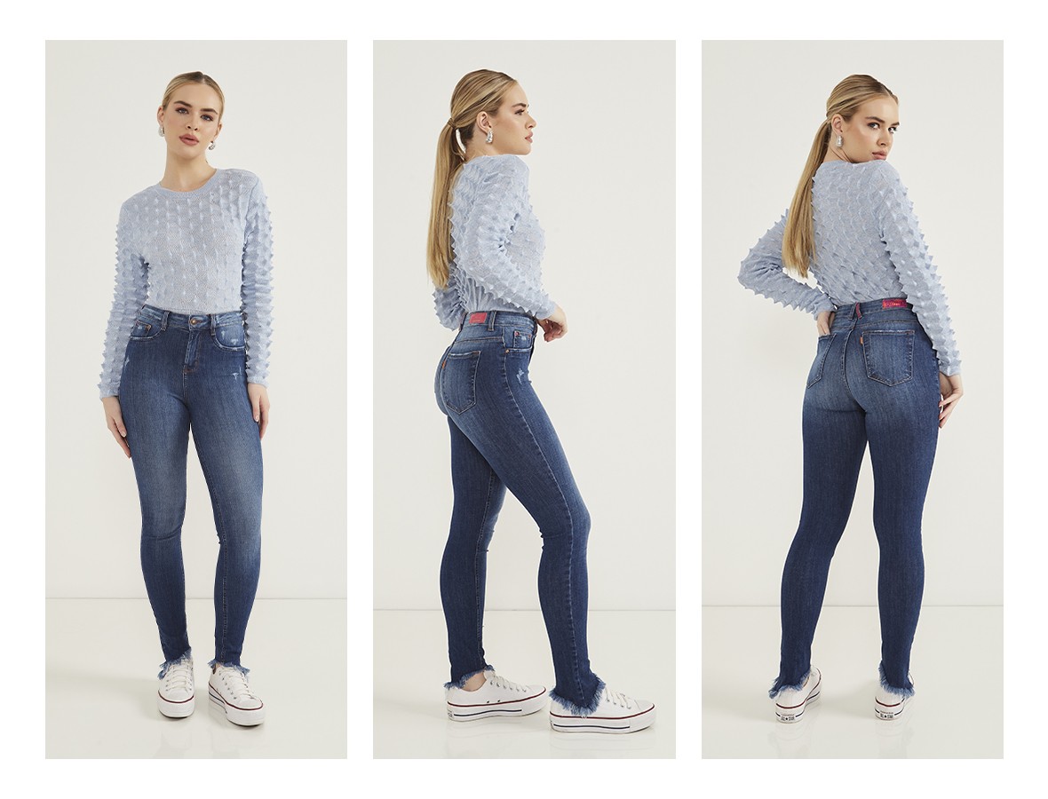 dz20638 ts calca jeans feminina skinny media com barra desfiada e leves puidos trio