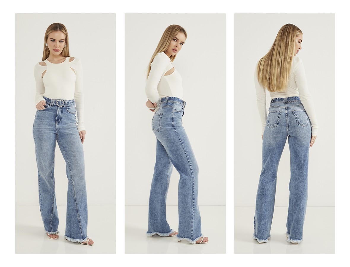 dz20651 com calca jeans feminina wide leg fit com recortes na diagonal trio